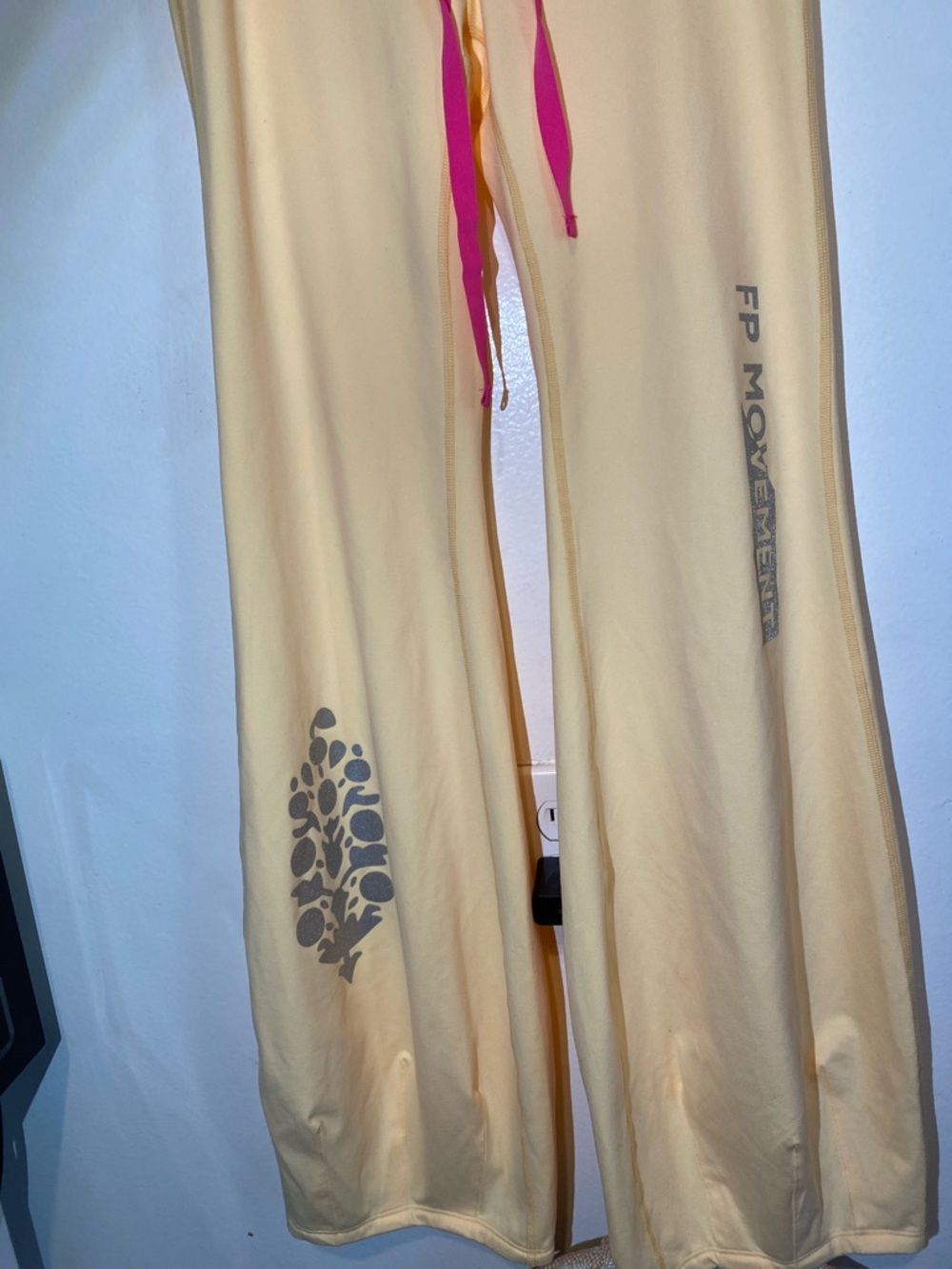 FP Movement by Free People Pale Yellow Wide-Leg Sweatpants with Pink Drawstring - Picture 2 of 8